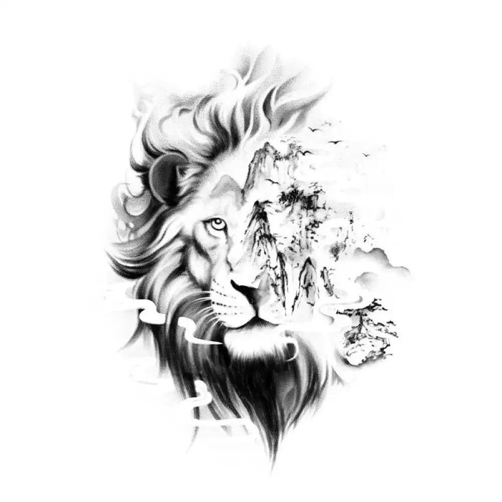 Black and white ink-style illustration of a Zen Lion Peaks lion with mountain and bird landscape