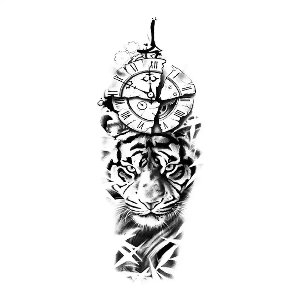 Black and white broken clock with tiger tattoo design for Timeless Tiger tattoo sticker