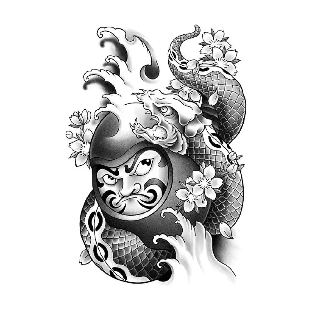 Japanese-style tattoo sticker featuring Daruma doll, dragon, cherry blossoms, and waves
