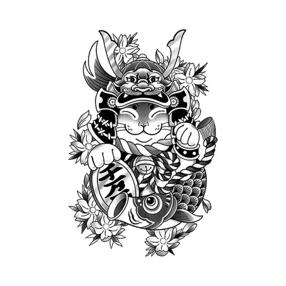Grayscale Samurai Maneki tattoo sticker with koi fish and flowers, perfect for small tattoos