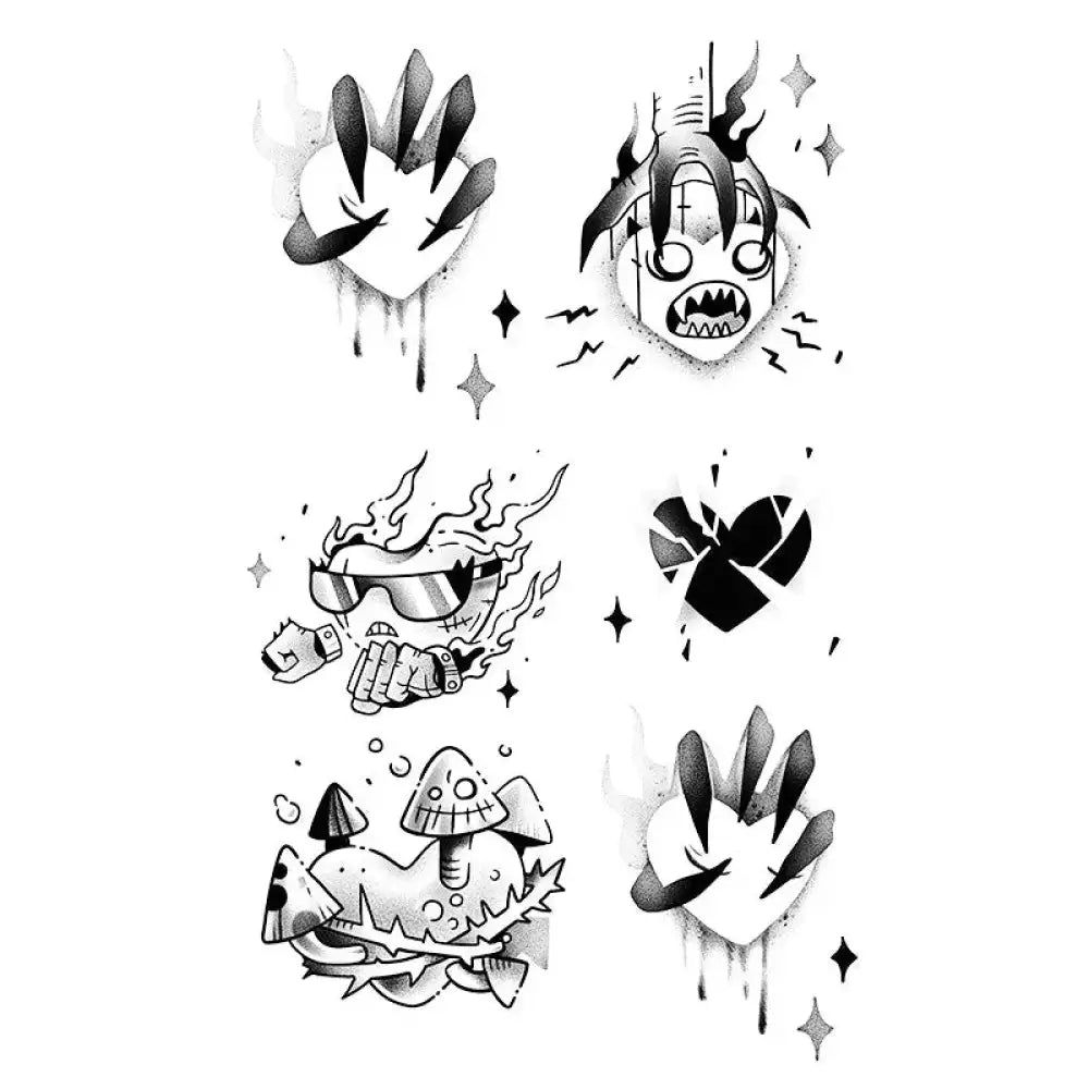 Black and white cartoon-style tattoo sticker sheet with hearts, skulls, and mushrooms