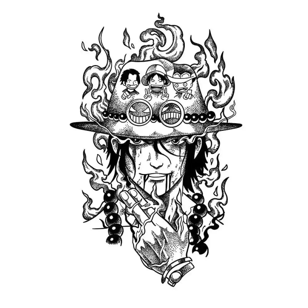 Black and white illustration of Fire Fist Ace with fiery aura, Luffy’s brother, hand-drawn tattoo sticker