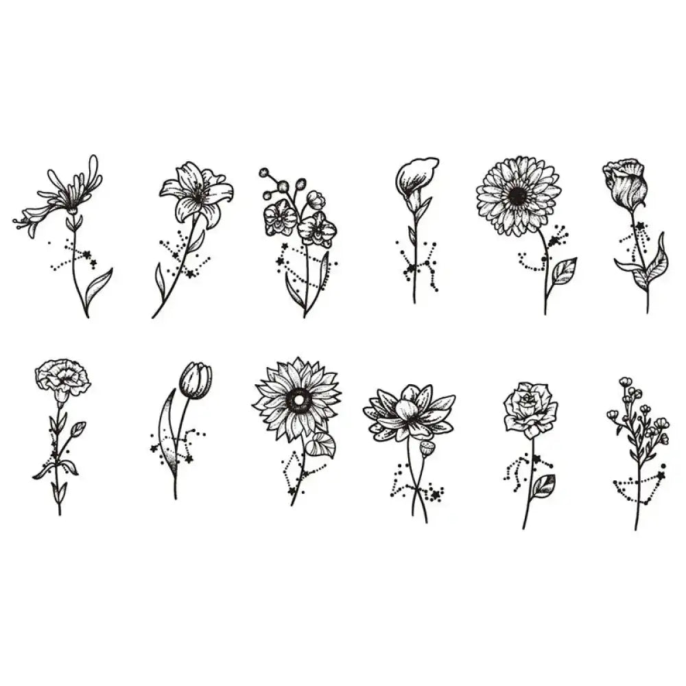 Black and white floral temporary tattoos with constellation patterns for Zodiac Blooms