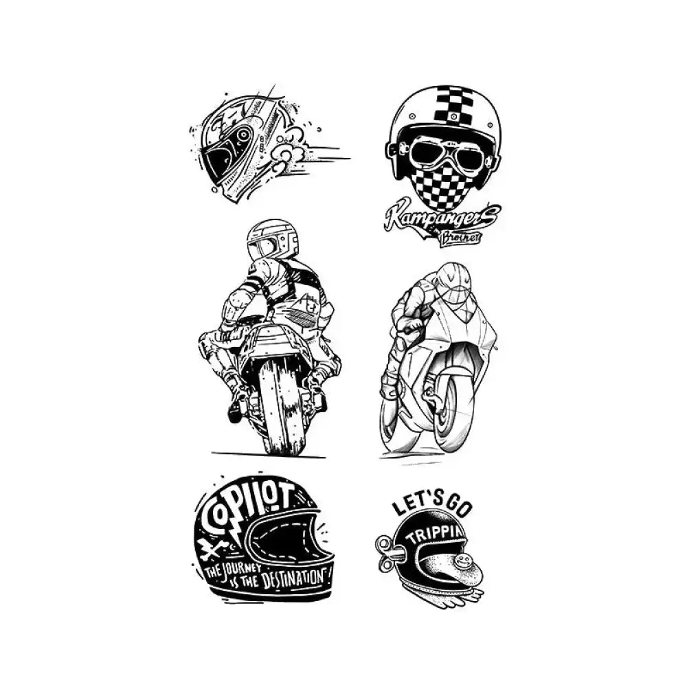 Black and white motorcycle rider-themed illustrations ideal for tattoo stickers or small tattoos