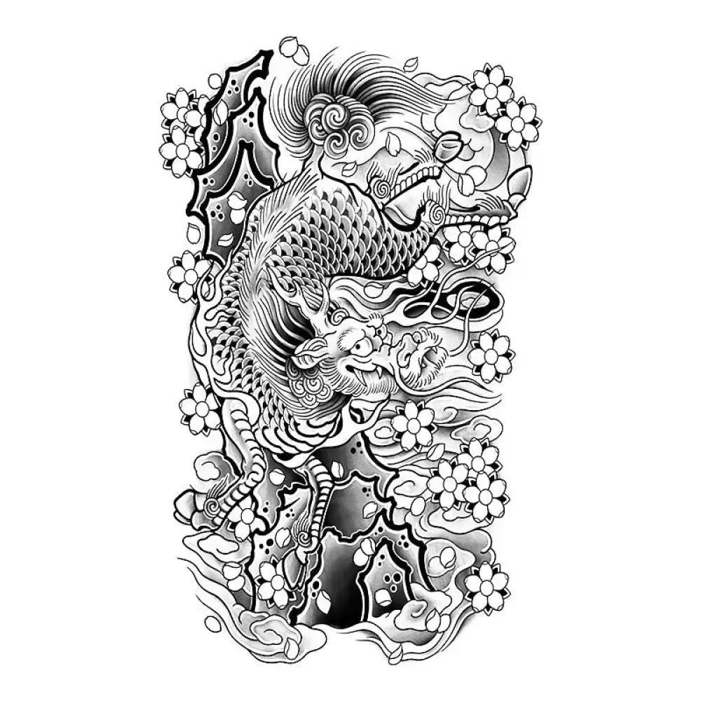 Black and white Japanese-style dragon tattoo sticker with cherry blossoms and clouds