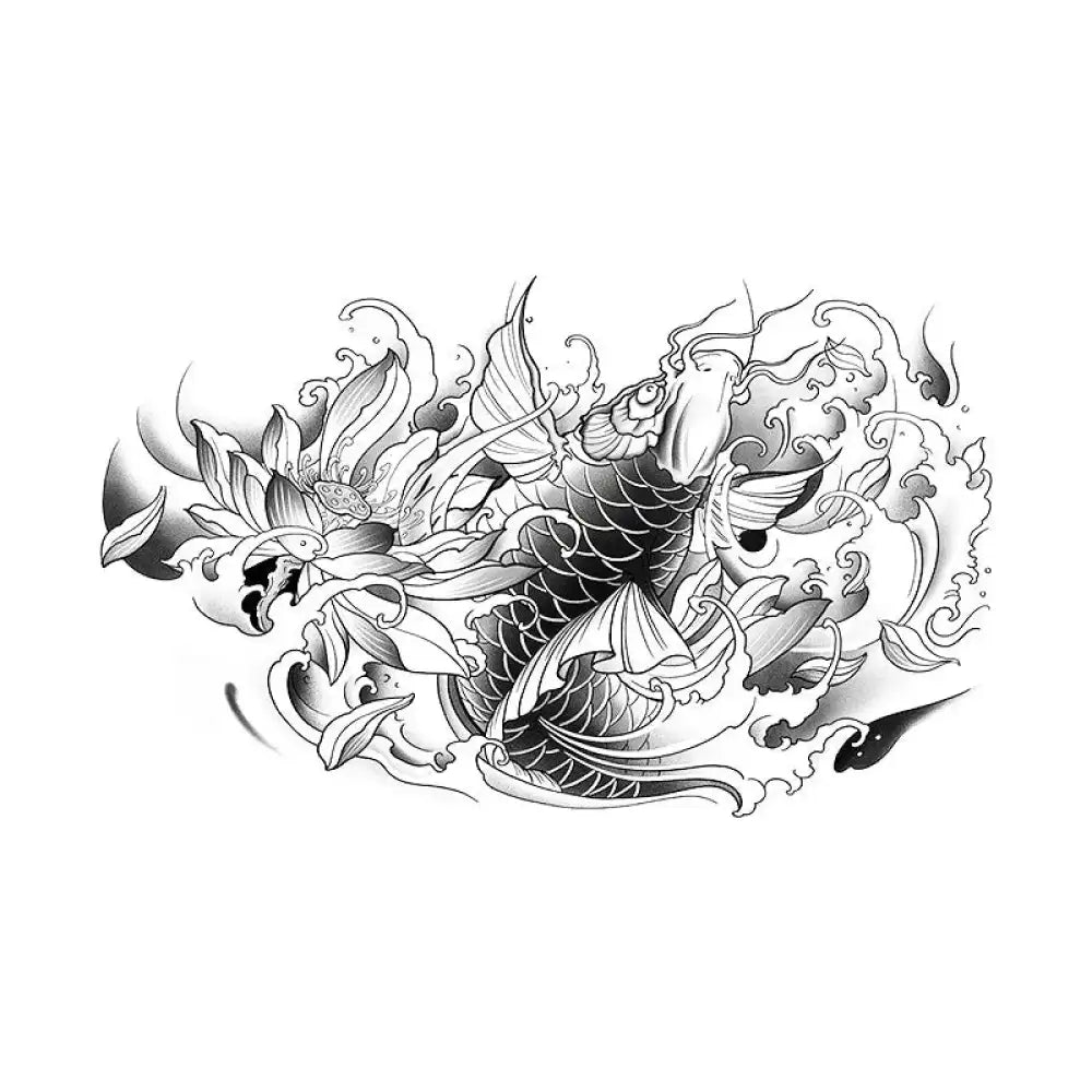 Black and white koi fish and lotus flower tattoo design for Lotus Pond Koi product