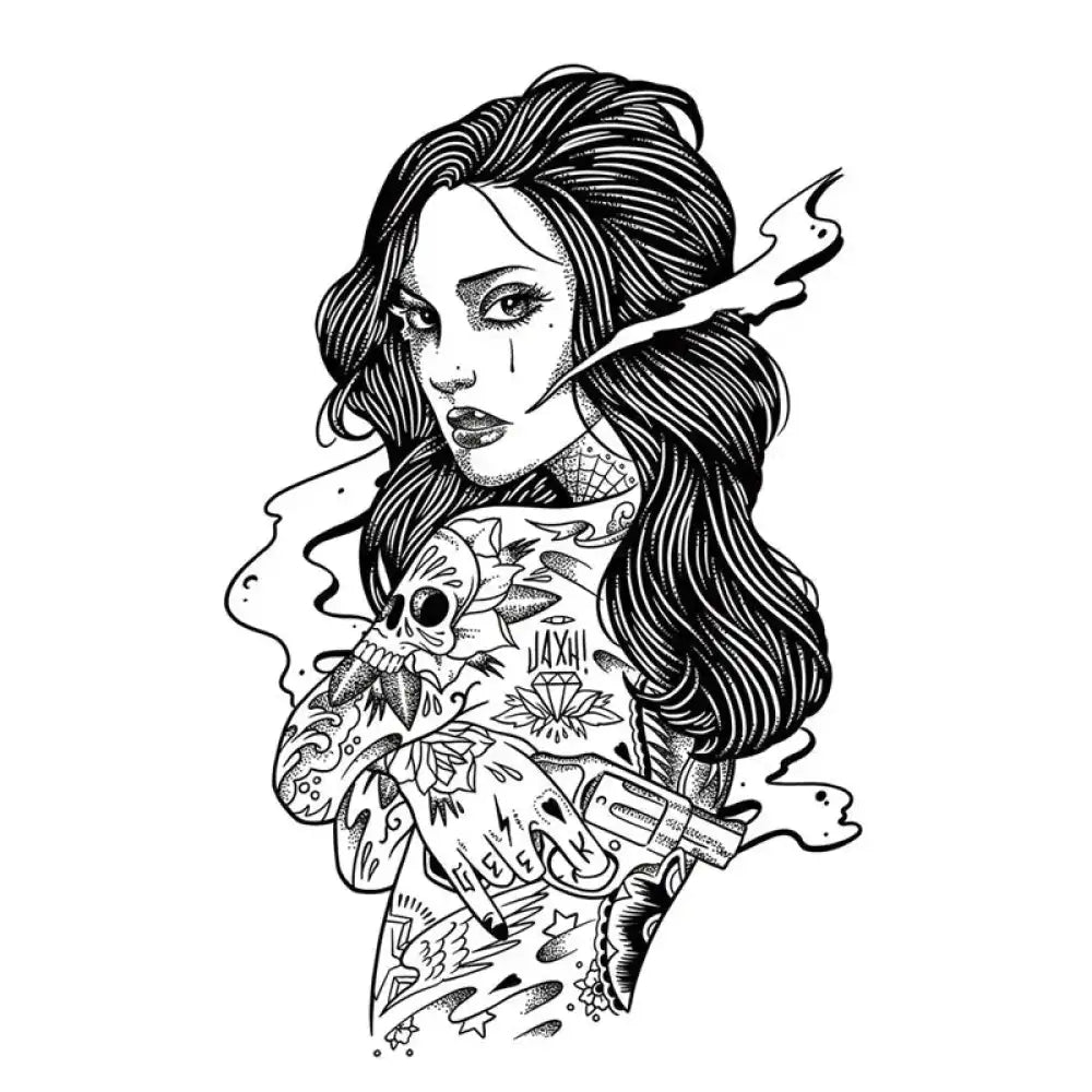 Tattooed Femme Fatale with long dark hair holding a revolver, embodying a fierce femme fatale style