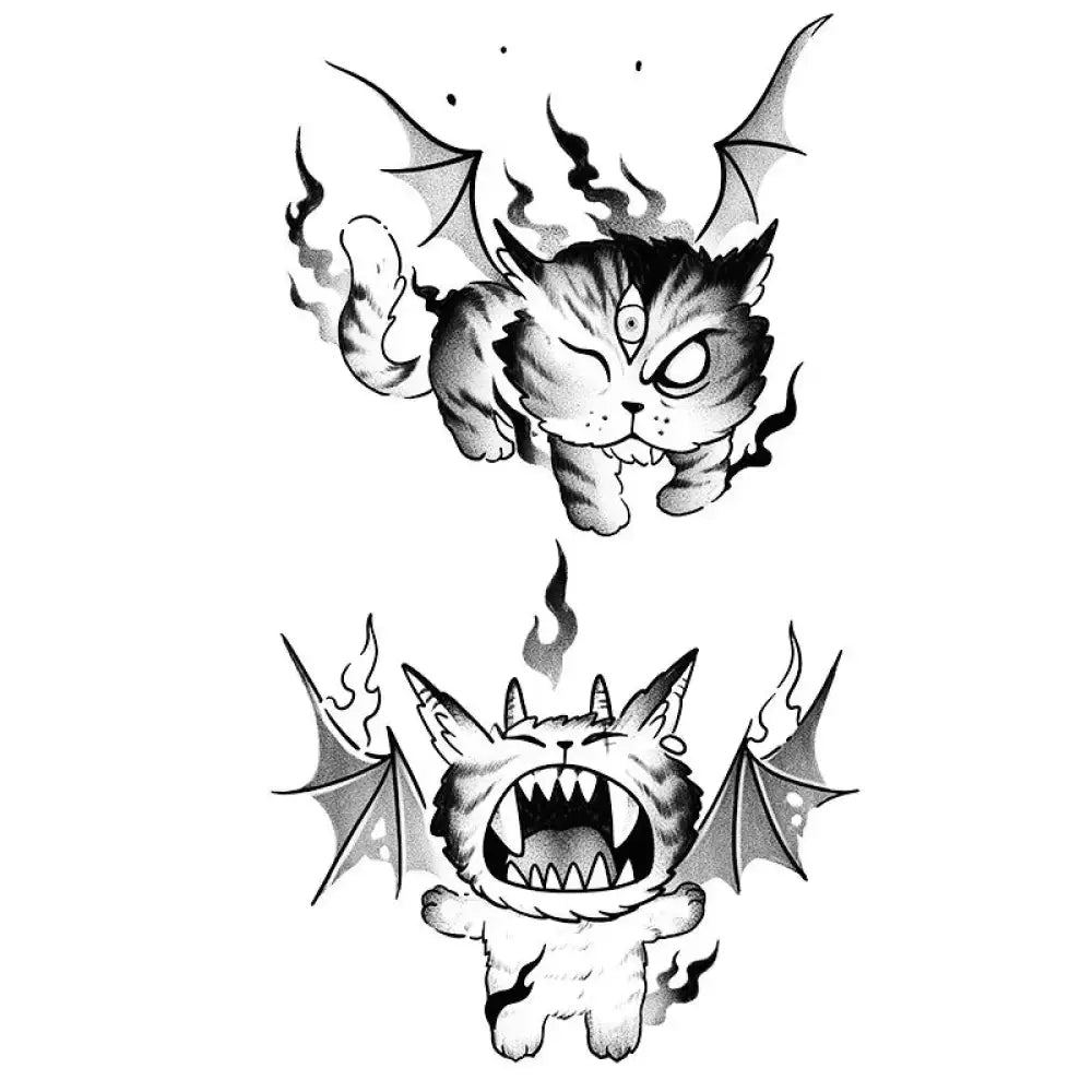 Black and white cartoon winged hellcats tattoo sticker with flames for small tattoos