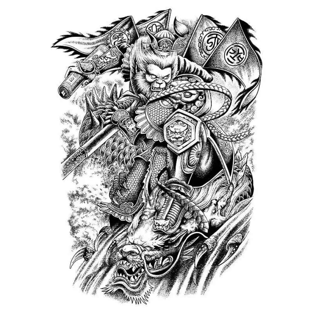 Wukong Full Back tattoo design of warrior on dragon