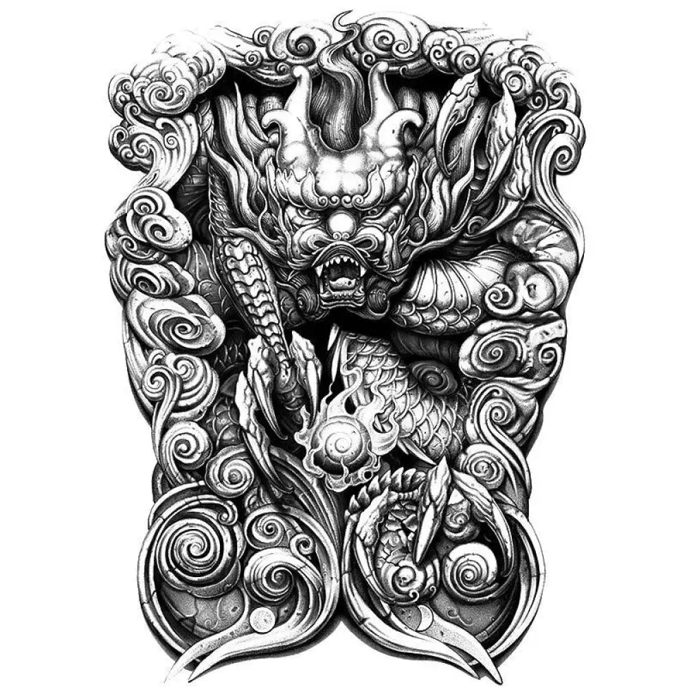 Intricately detailed black and white dragon tattoo design for full back sculpture