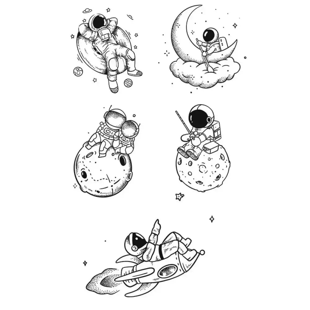 Whimsical astronaut-themed line art tattoo sticker set featuring small tattoo designs for skin art