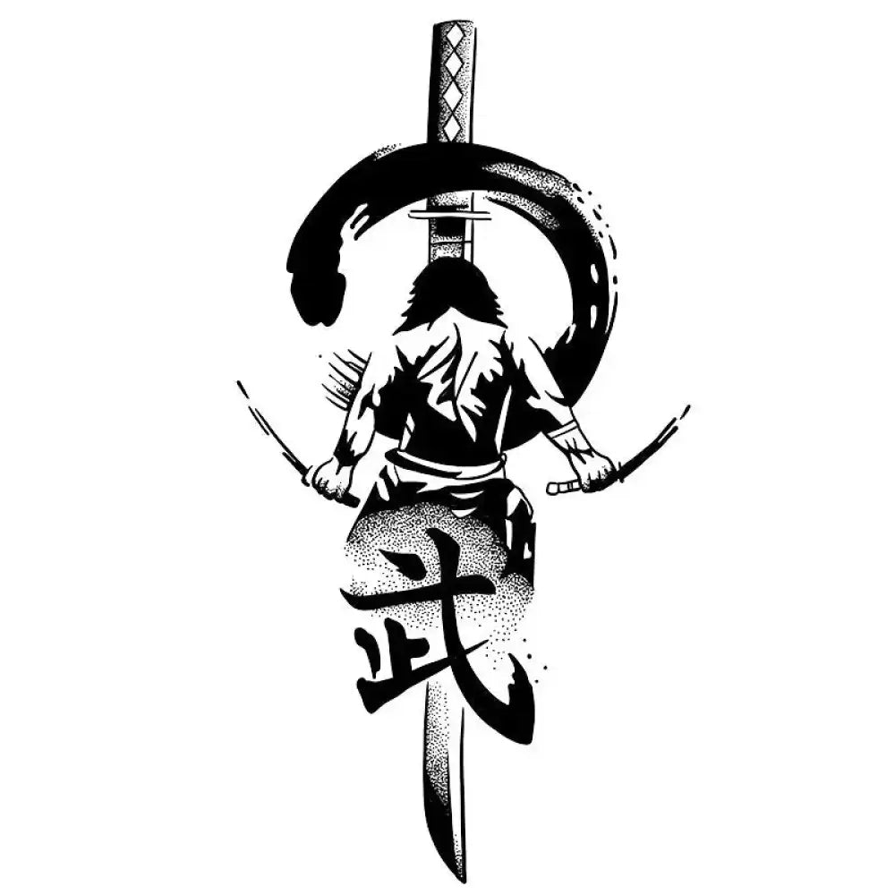 Black and white Japanese samurai tattoo sticker featuring dual swords, katana, brush stroke, and Bushido kanji