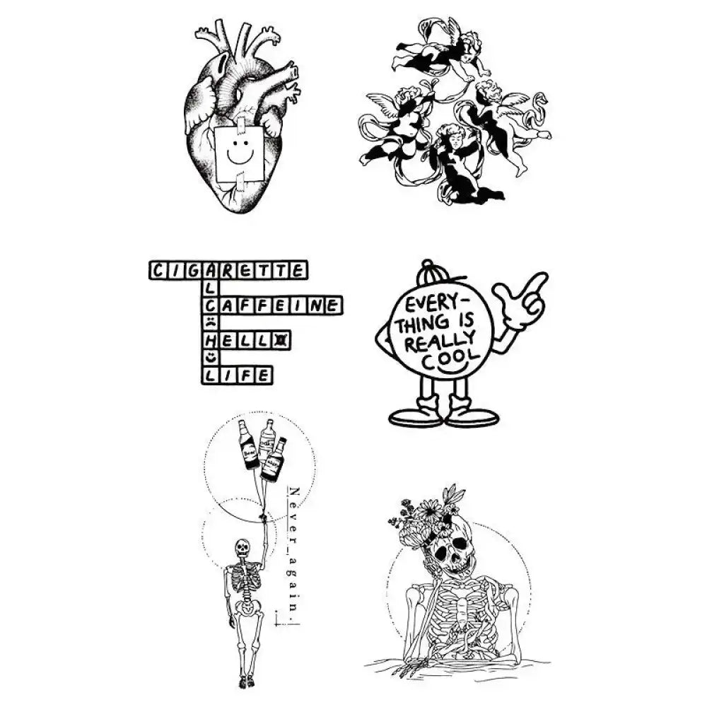 Image of six unique tattoo designs from the Dark Humor Mini Set featuring dark humor art
