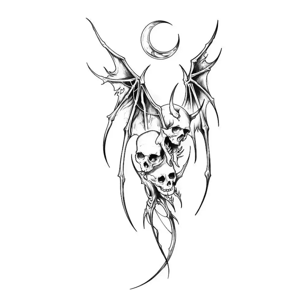 Gothic tattoo sticker featuring demon wings, crescent moon, and winged skulls for Crescent Night