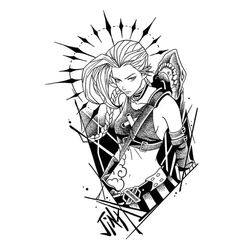 Black and white line art of Jinx from League of Legends as a tattoo sticker design