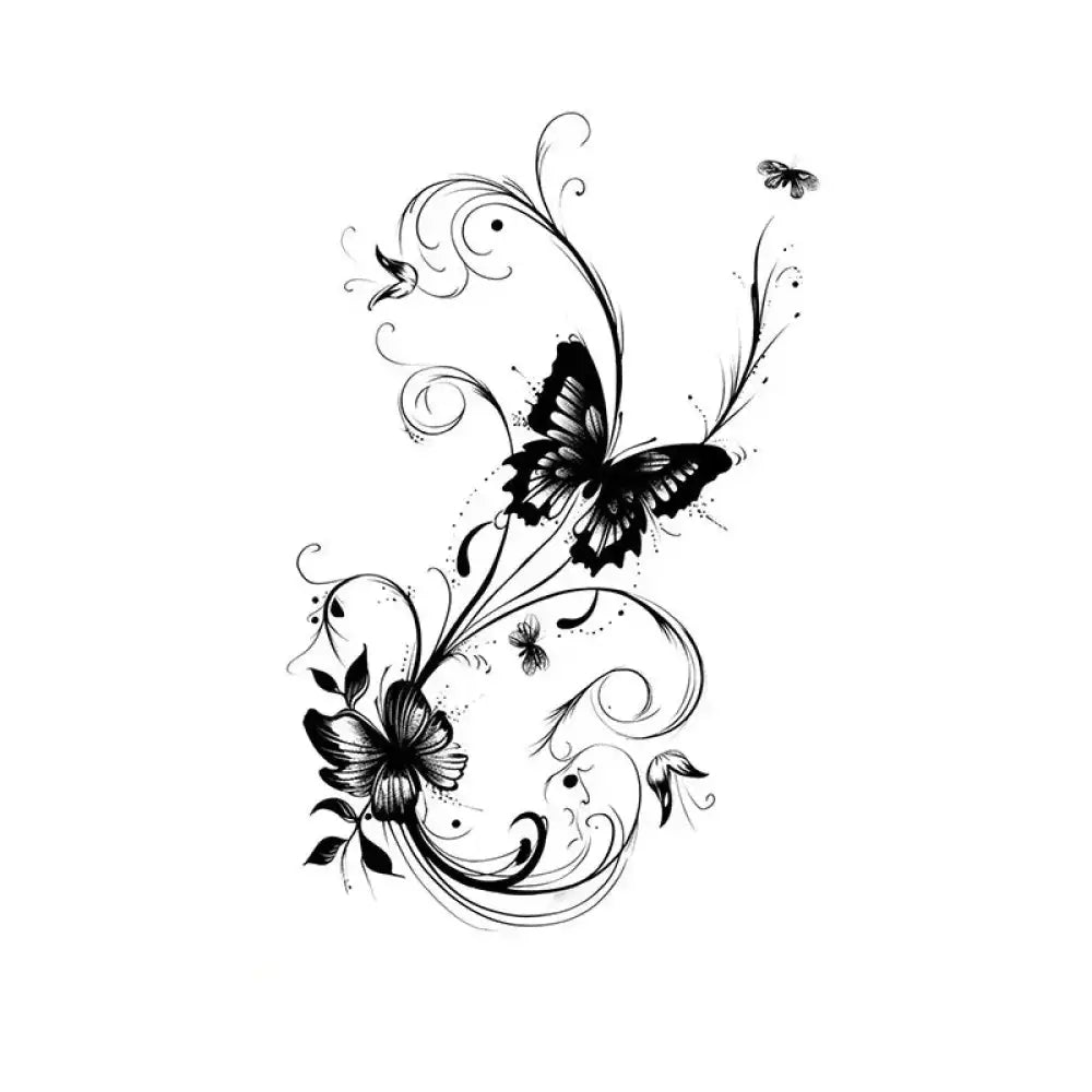 Black and white butterflies flying tattoo sticker design with floral swirls