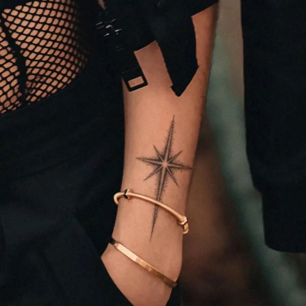 Minimalist north star compass rose tattoo sticker on arm with gold bracelets for Starlight