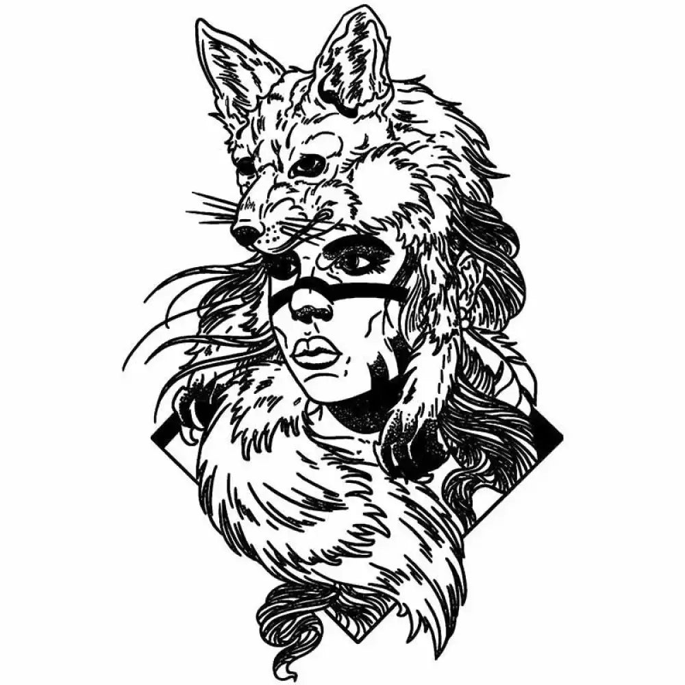 Black and white fox hunter tattoo sticker of woman in fox headdress