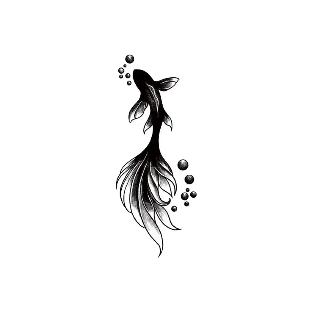 Stylized black Gold Fish tattoo sticker with flowing tail and bubbles, ideal for small tattoos