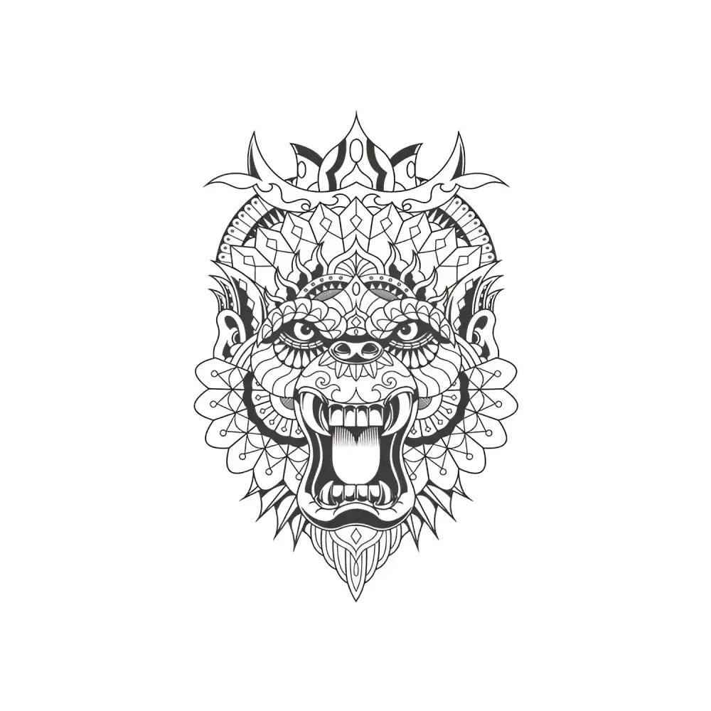 Snarling monkey head in black and white mandala line art for Beast Totem small tattoo sticker