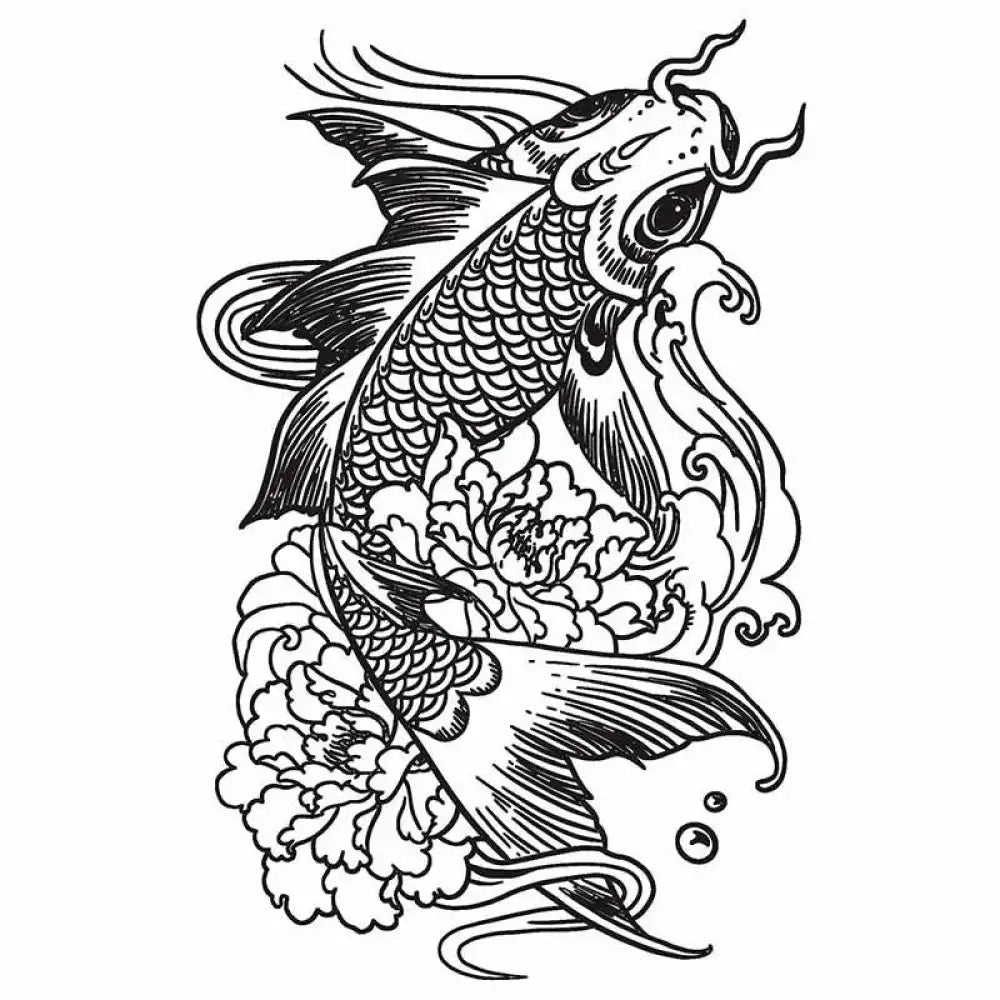 Koi Rising black and white koi fish tattoo sticker with peonies and waves