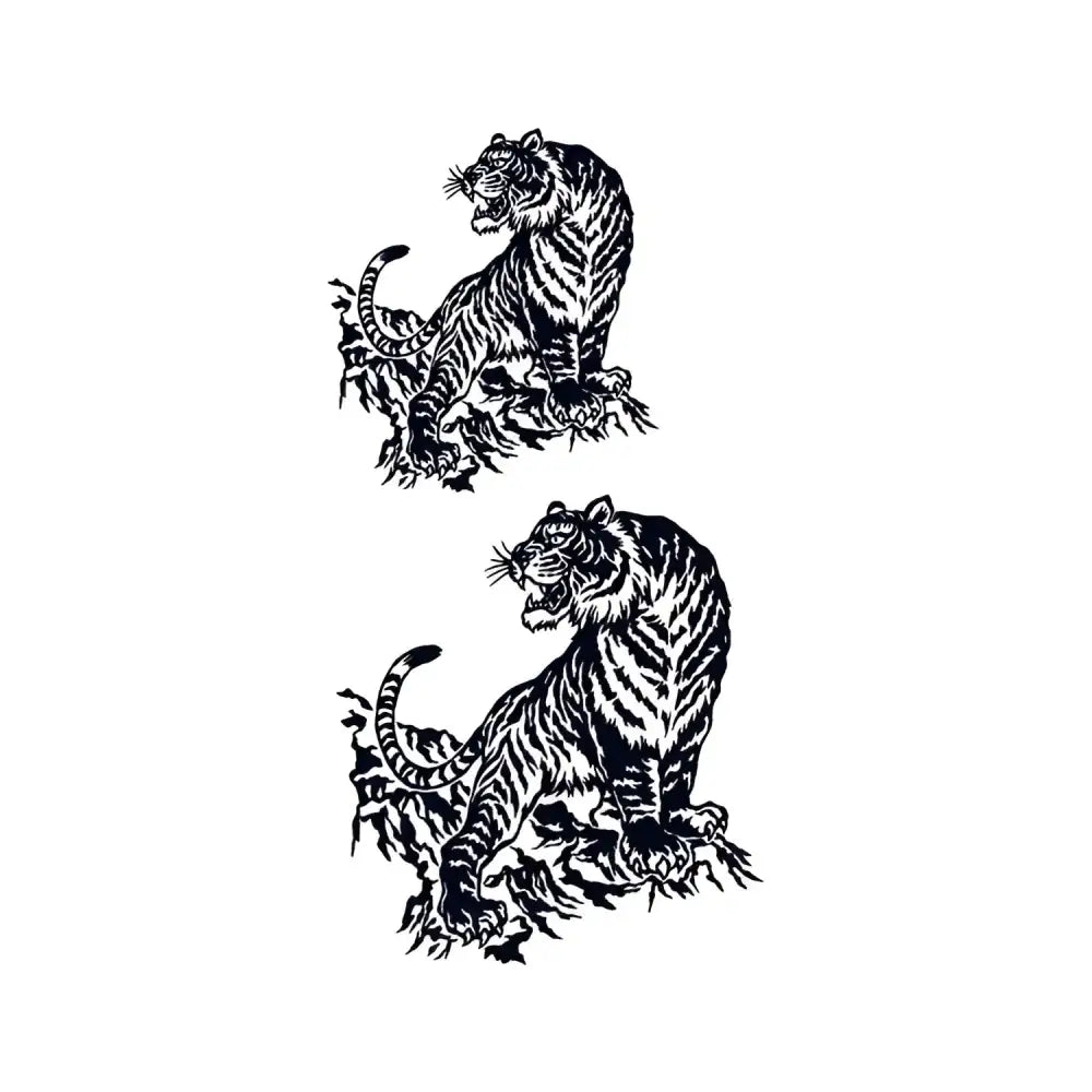 Two identical black and white mountain tiger small tattoo sticker illustrations