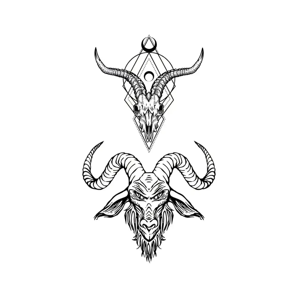 Two black and white goat heads illustrations for small tattoo stickers