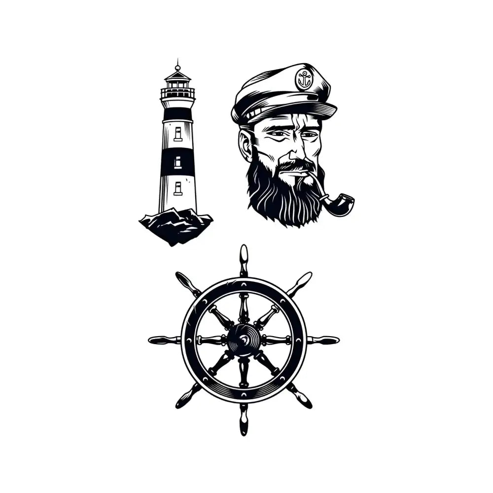 Nautical Sailer Bundle: lighthouse, bearded captain with pipe, ship’s wheel small tattoo stickers