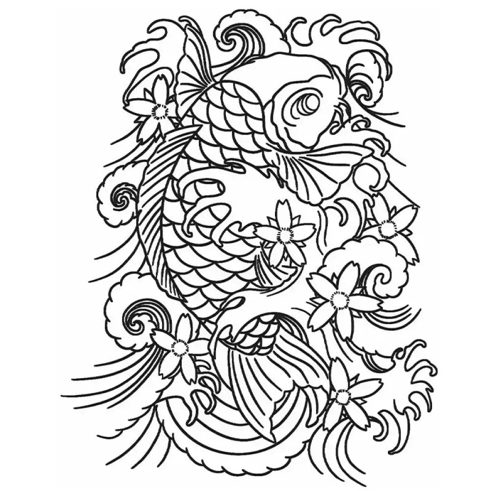 Black and white line art of rising koi in Japanese waves with cherry blossoms