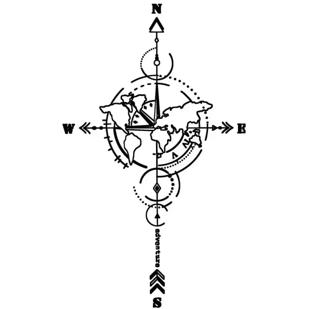 Stylized world compass rose tattoo sticker with map overlay