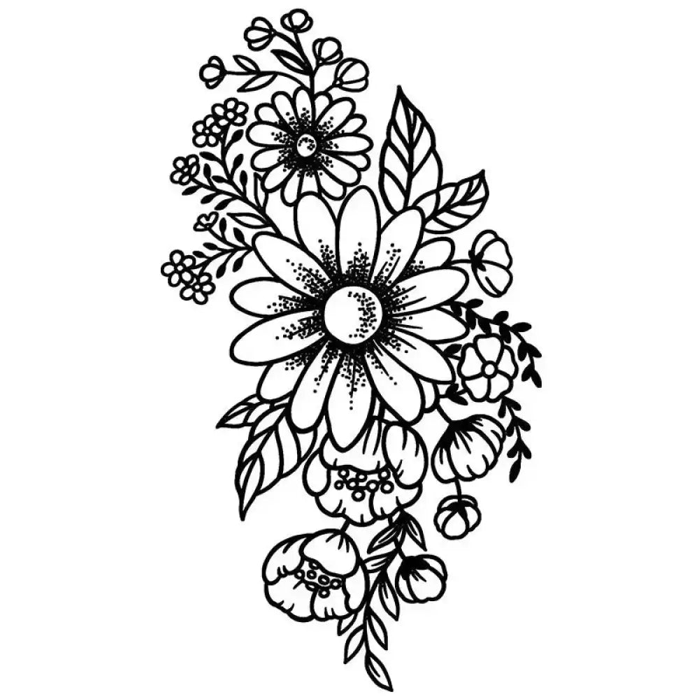 Black and white line art daisy bouquet with flowers and leaves for small tattoo sticker