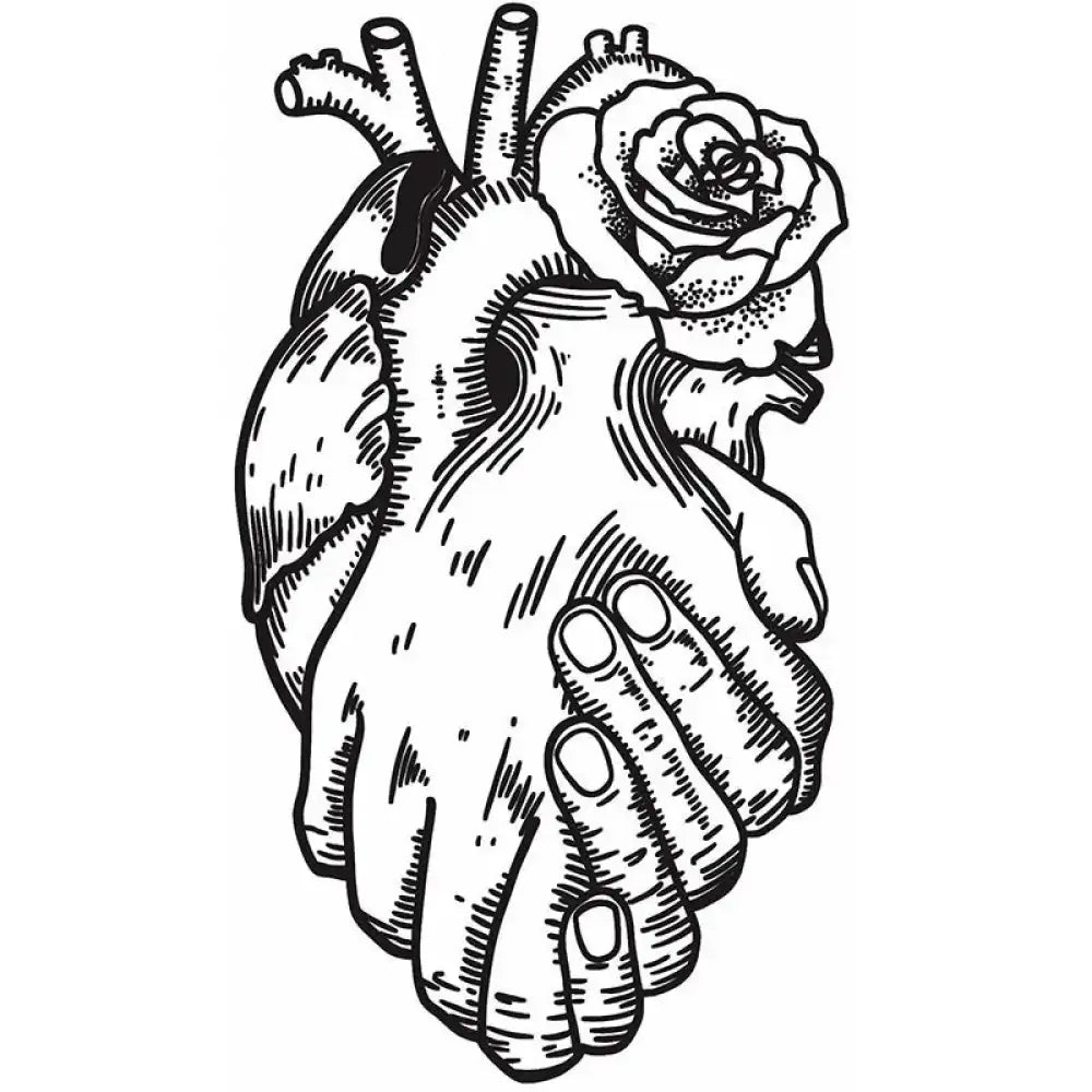 Anatomical heart held by hands with rose in bloom tattoo sticker