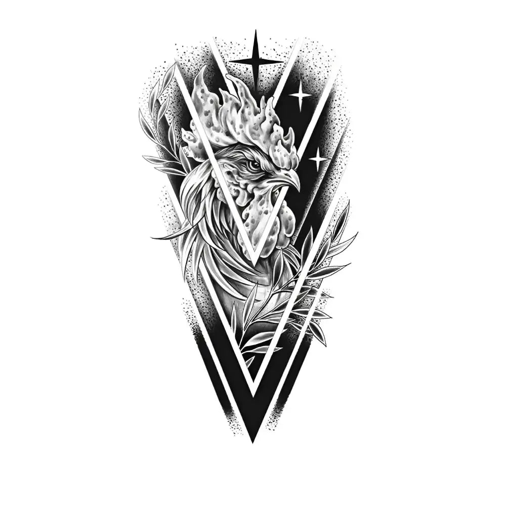 Majestic Zodiac Rooster with fiery comb, geometric shapes, olive branches, small tattoo sticker