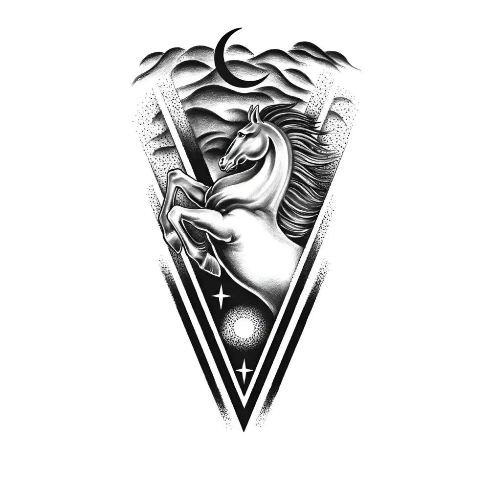 Zodiac Horse tattoo sticker with rearing horse in celestial triangle
