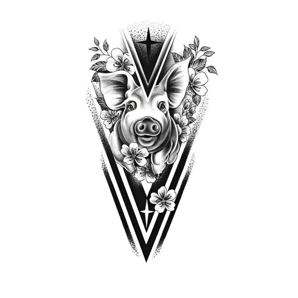 Black and white zodiac pig tattoo sticker with flowers and geometric shapes