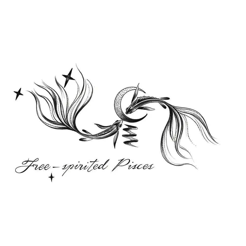 Free Spirited Pisces tattoo sticker with intertwined fish and moon