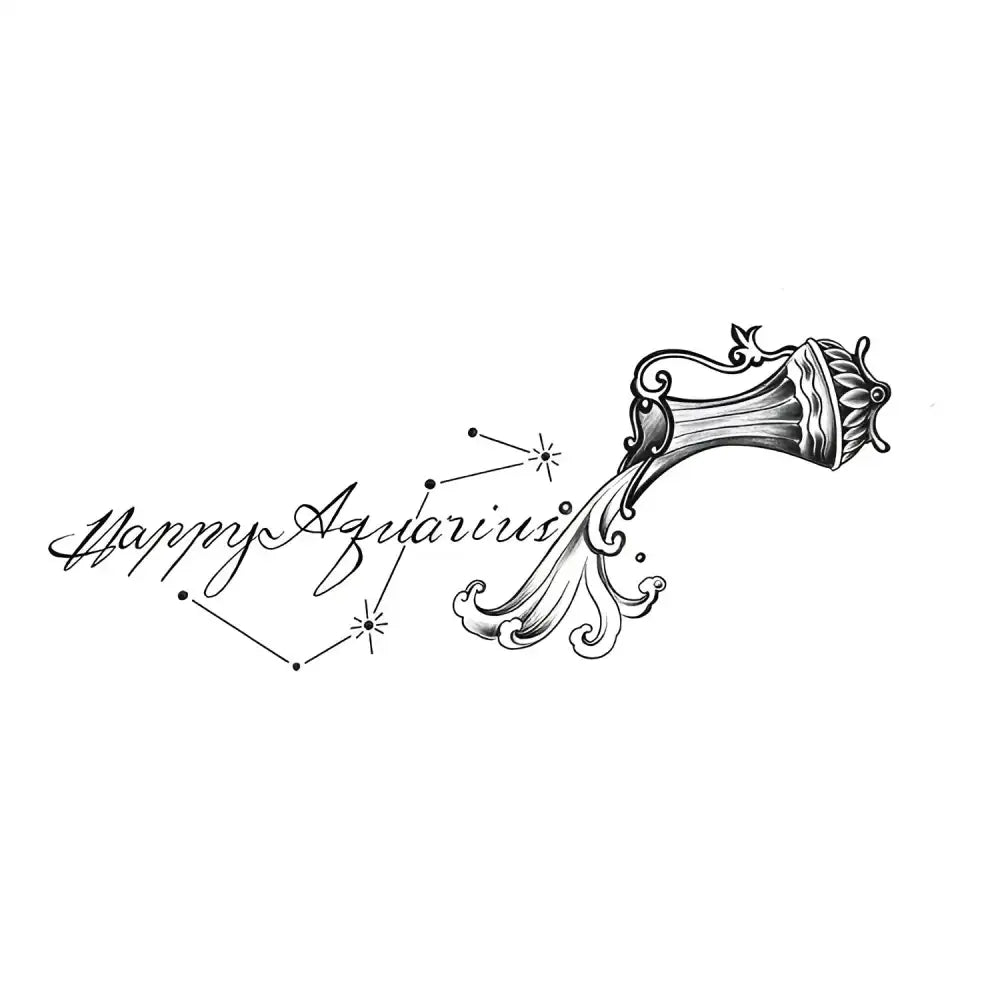 Happy Aquarius black and white water pitcher illustration for small tattoo sticker