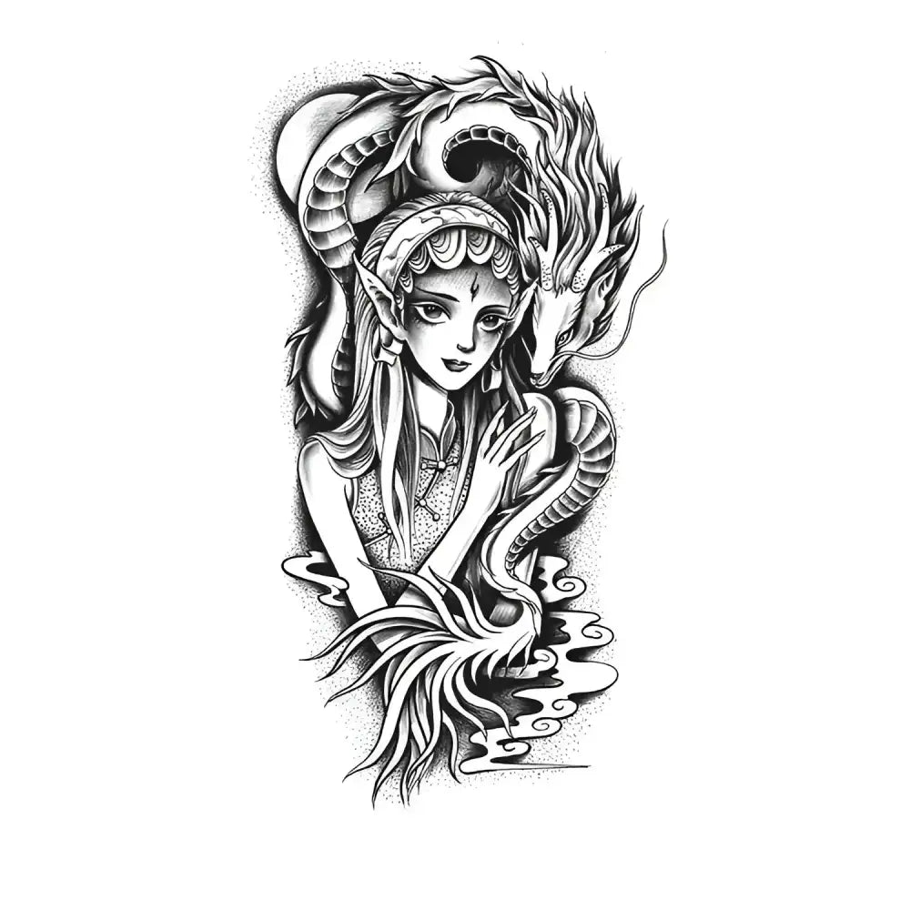 Black and white tattoo design of elf woman with dragon, Dragon & Girl