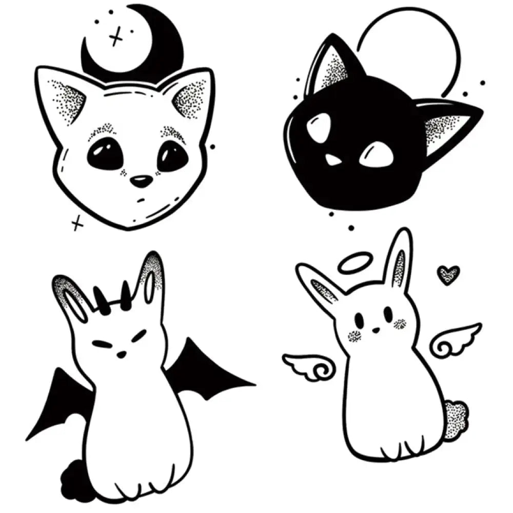 Four black and white cartoon animal small tattoo stickers in Cats & Bunnies Set