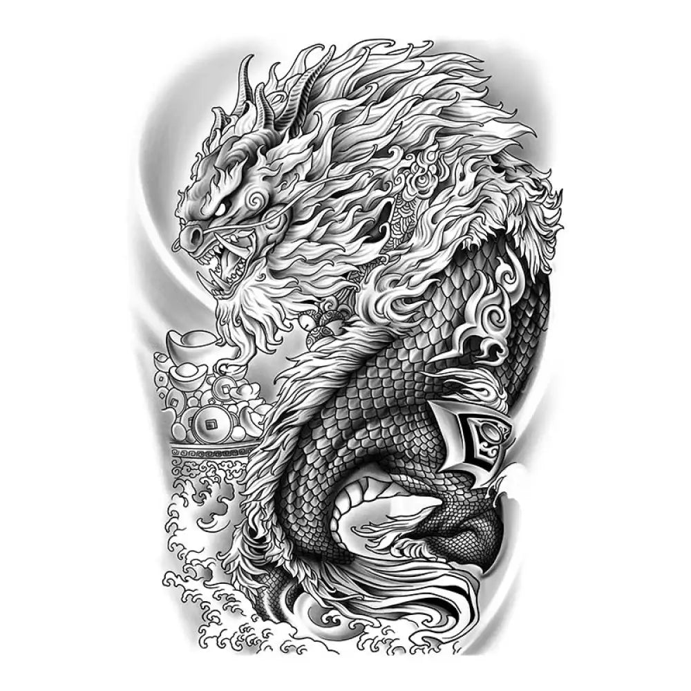 Intricate black and white Chinese dragon tattoo sticker for Fortune Guardian Pixiu full back