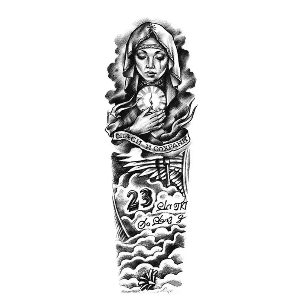 Sorrowful woman with burning candle tattoo design, clouds and 23