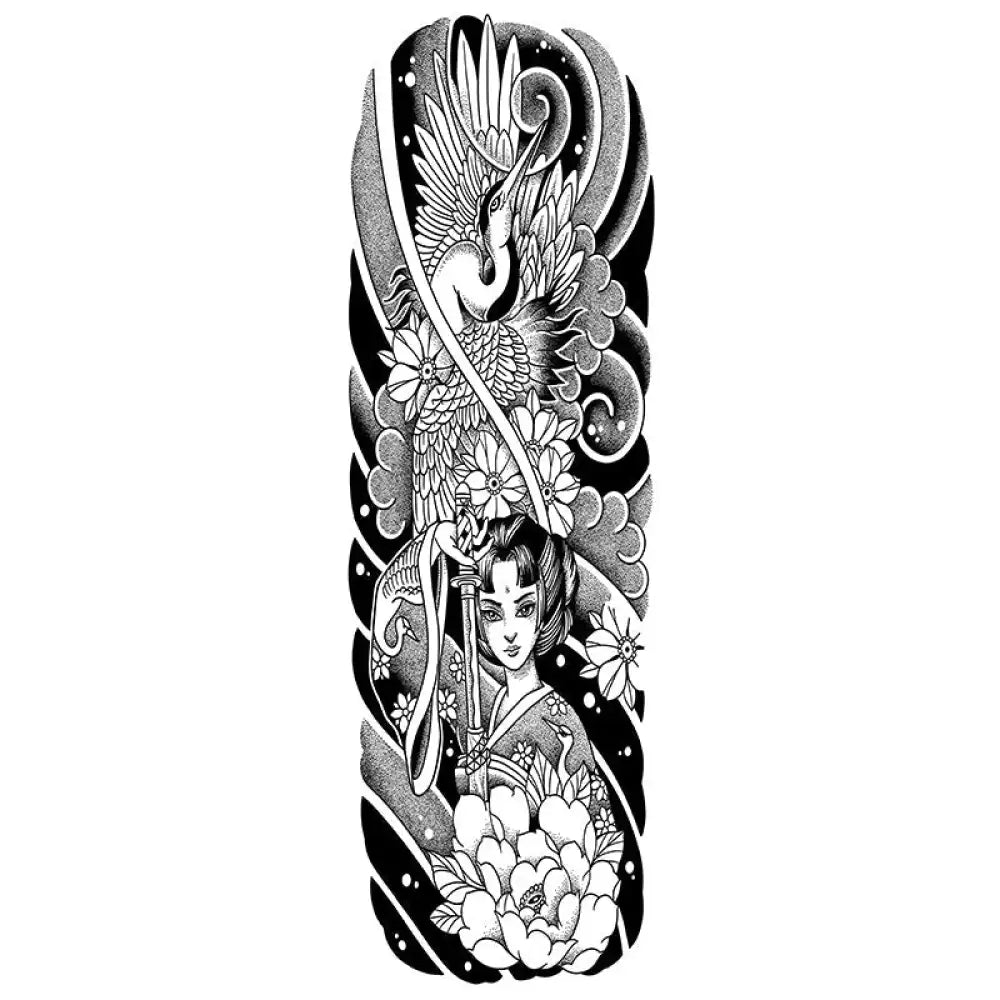 Japanese tattoo sleeve sticker with geisha, crane, and floral motifs in Katana Crane Blossom design