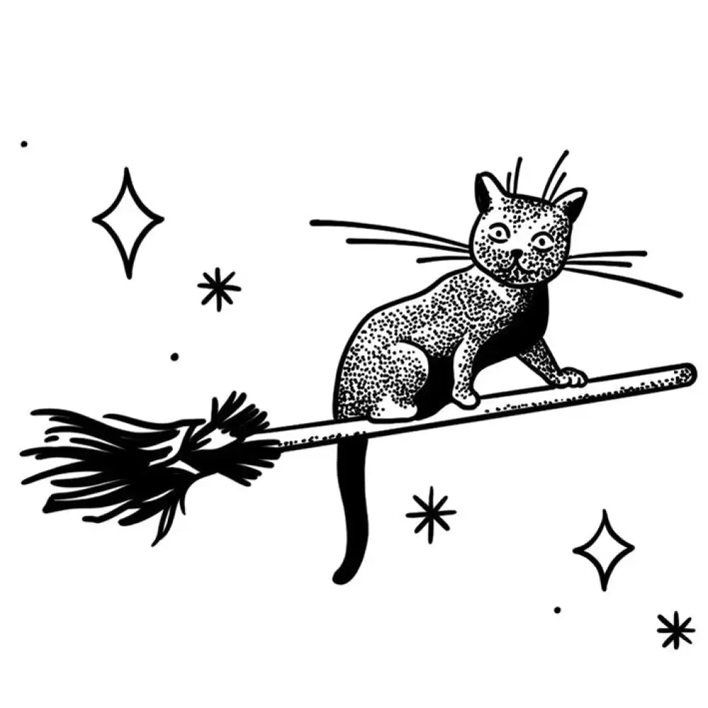 Magic Broom Cat black feline with wide eyes riding broomstick tattoo sticker