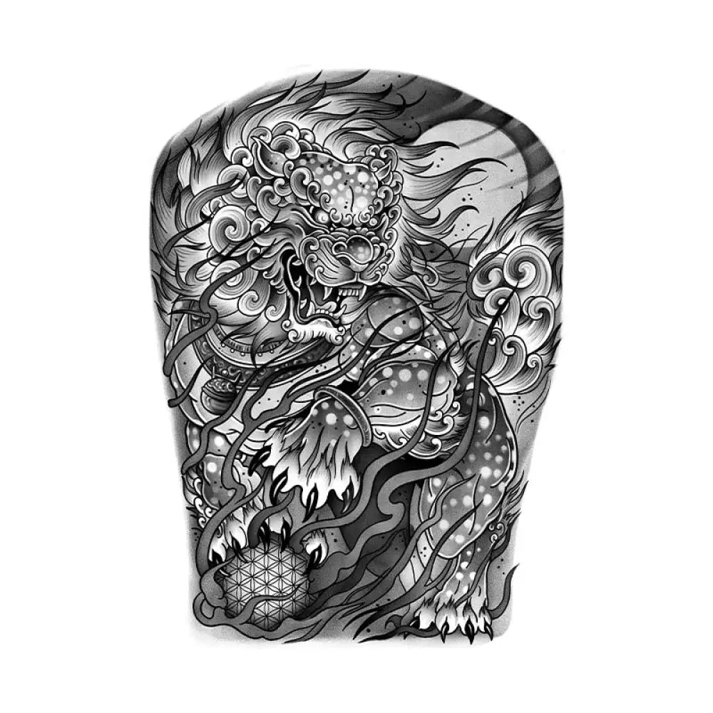 Mythic Qilin full sleeve tattoo sticker design with intricate flames