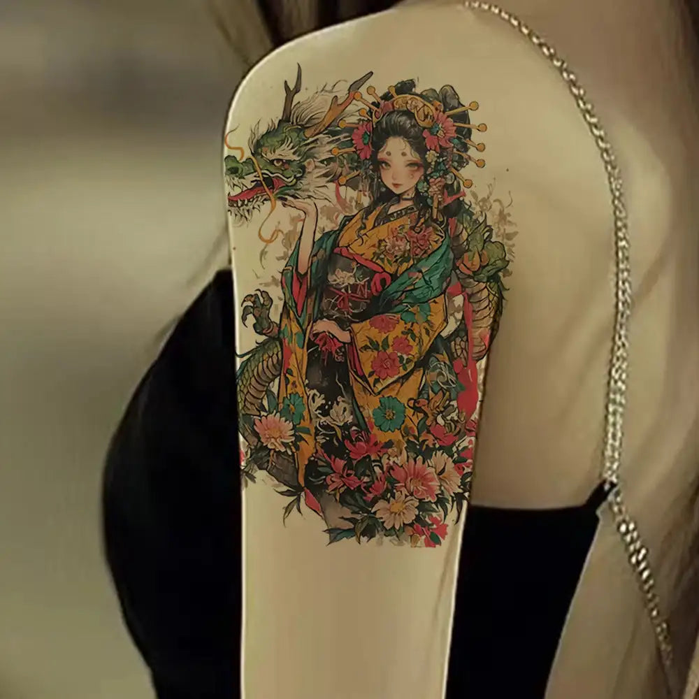 Floral dragon tattoo sleeve design from Dragon Girl featuring intricate tattoo designs