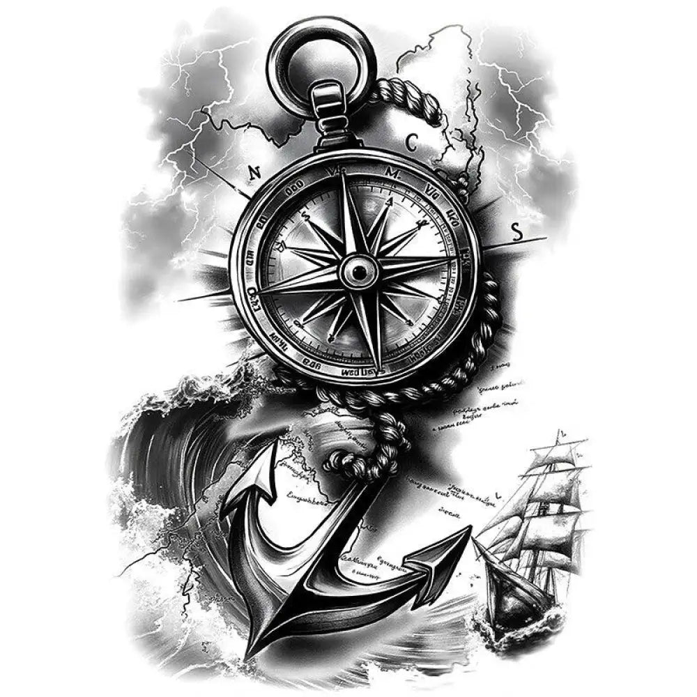 Nautical tattoo design with compass, anchor, and sailing ship for full back