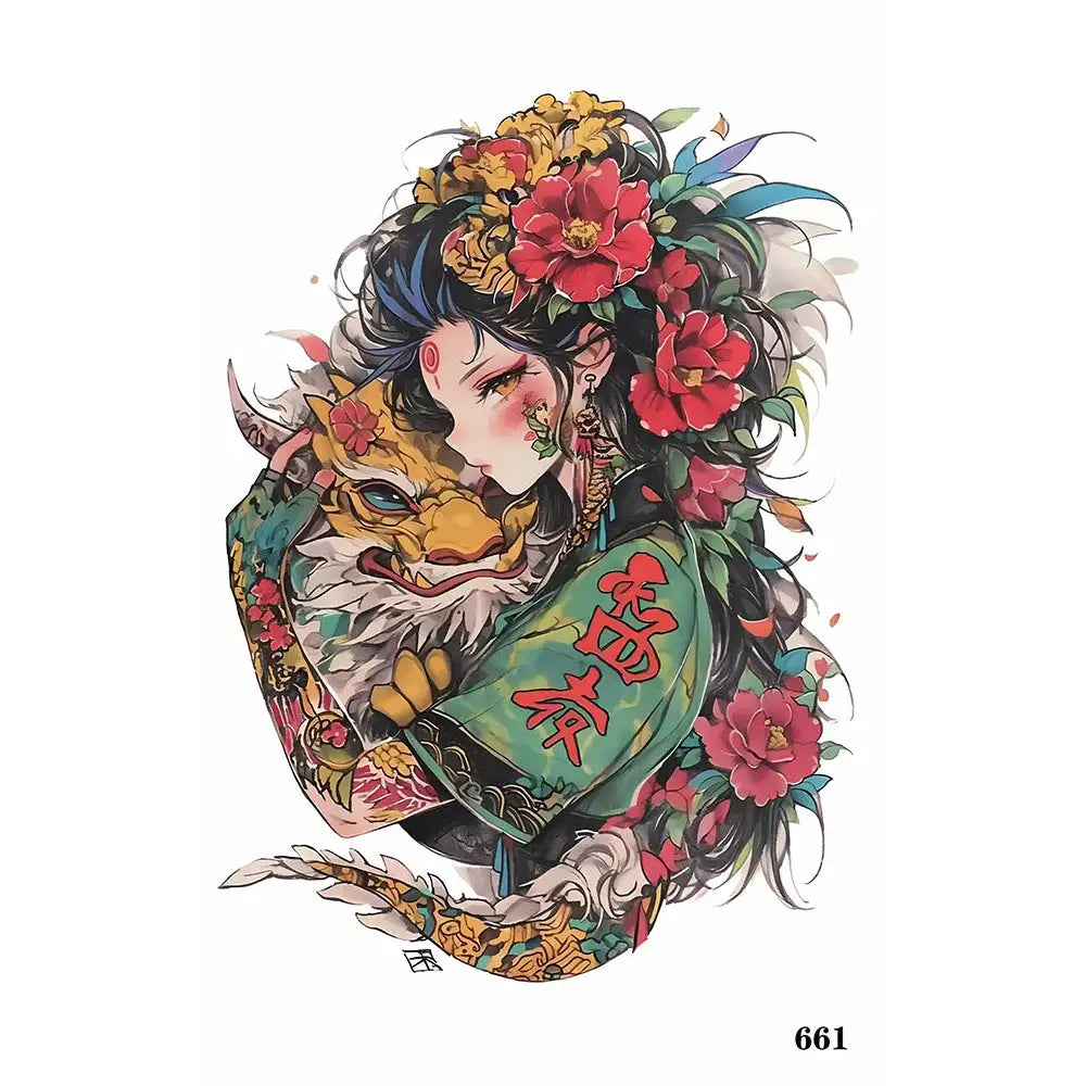 Vibrant floral tattoo design with a dragon and intricate details for small tattoo or tattoo sticker
