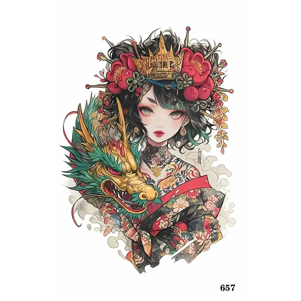 Dragon Girl tattoo sticker with vibrant green and gold scales and intricate crown design
