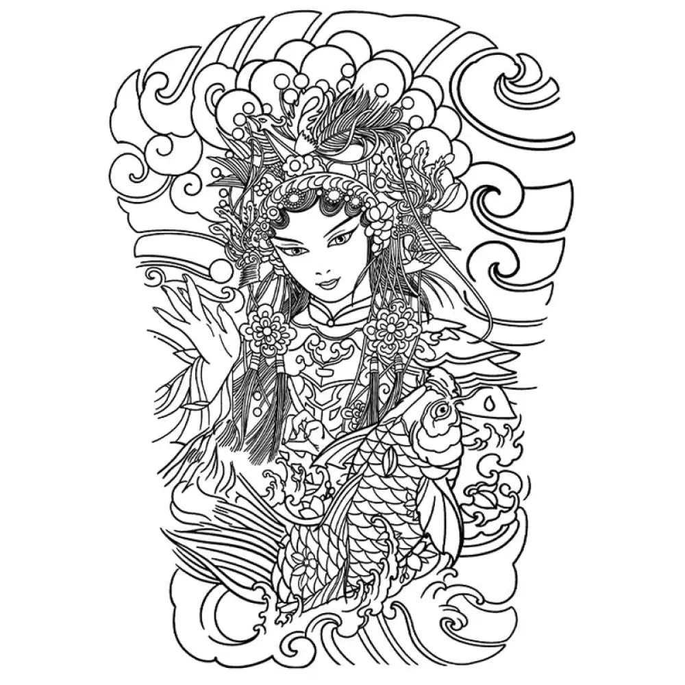 Black and white opera maiden line drawing with koi fish and waves tattoo sticker
