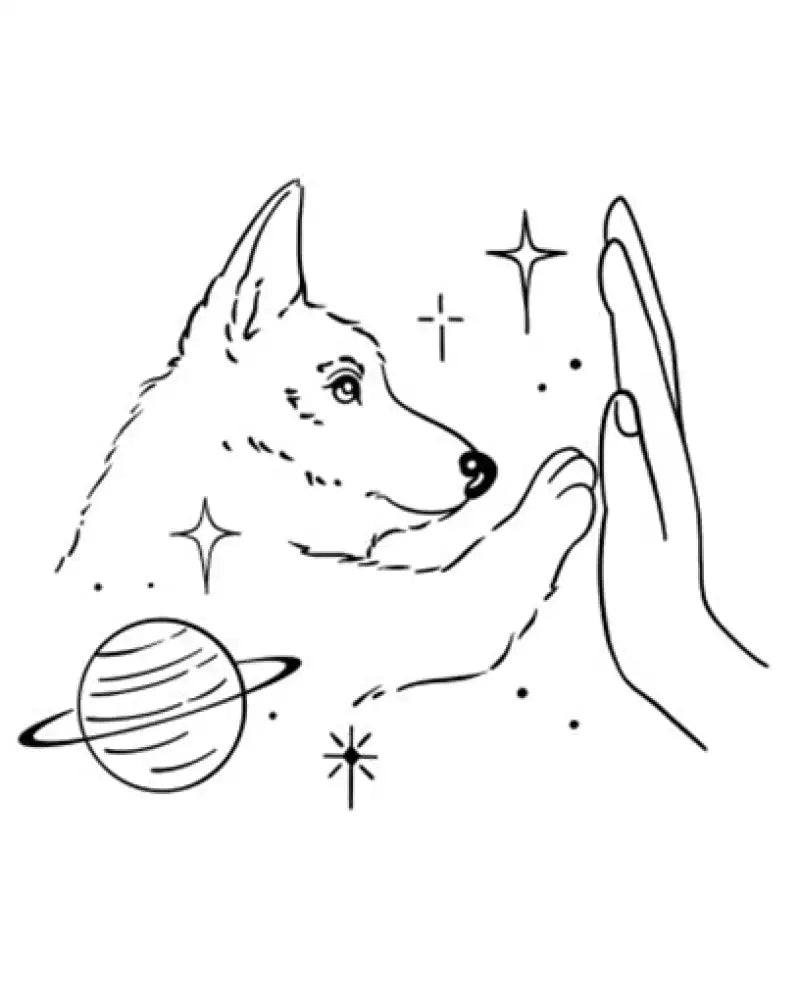 Puppy High Five tattoo sticker: dog head and paw high-fiving human hand with stars
